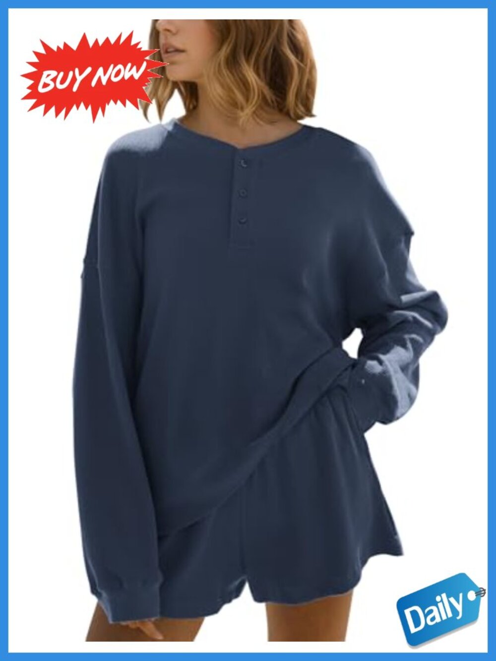 Waffle Knit Lounge Set Oversized Sweatshirt & Shorts 2 Piece